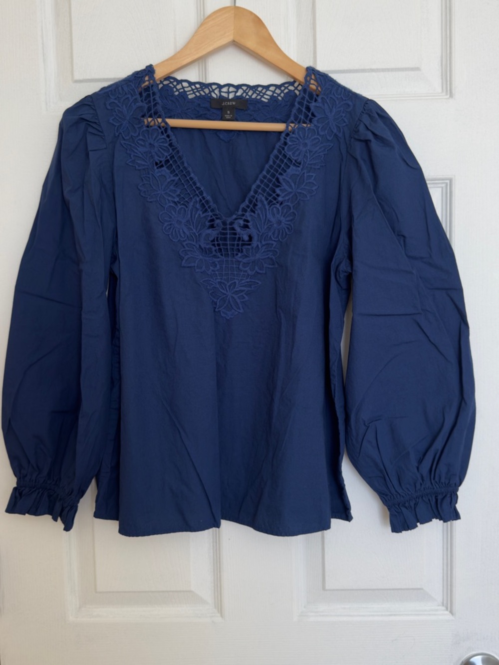 J. Crew Deep Navy Floral Lace V-Neck Peasant Top